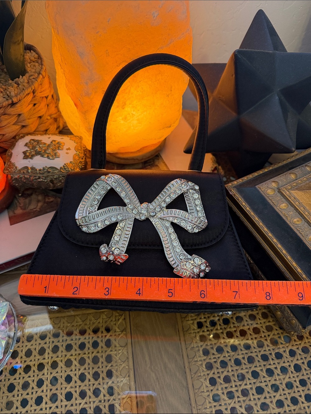 Black Satin Top-Handle Evening Bag with Crystal Bow - Picture 6 of 7